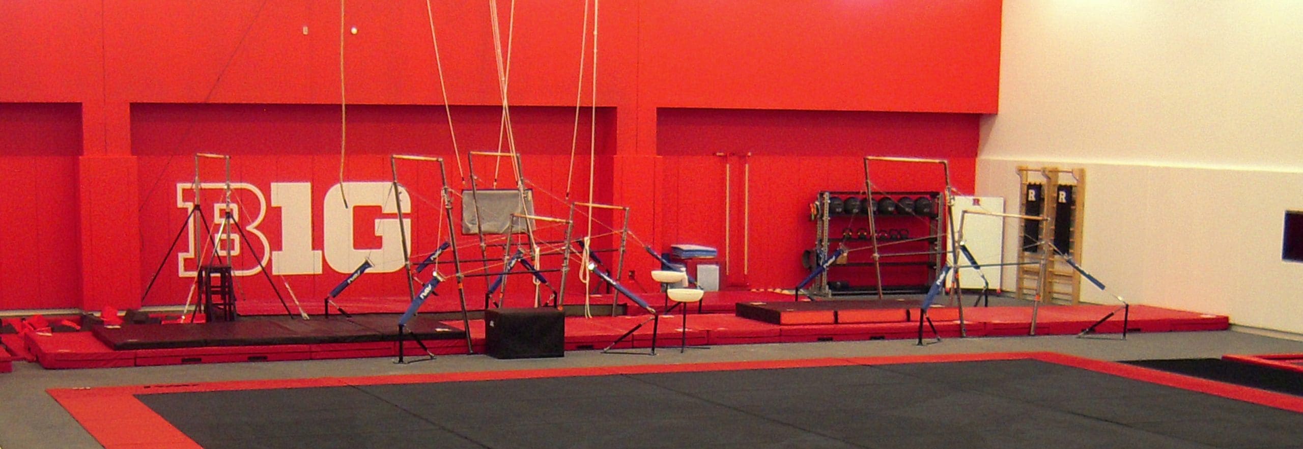 Rutgers Gymnastics beam & trampoline area. 